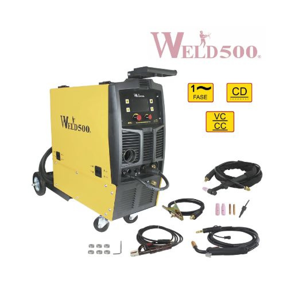 MÁQUINA PARA SOLDAR M251LCD Weld500 MIG tipo Inversor – Para (GMAW y FCAW), electrodo revestido (SMAW) y Tig (GTAW)