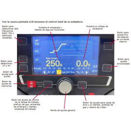 MÁQUINA PARA SOLDAR TP251B-LCD Weld500 tipo Inversor – Para Tig (GTAW) DC, DC pulsado y electrodo revestido (SMAW) – Ahora con pantalla LCD de 4.5″